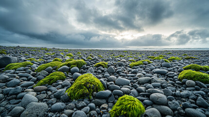 Rocky shoreline with green moss under cloudy sky during early morning hours