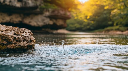 Fototapeta premium Serene River Flowing Through Lush Green Forest Landscape