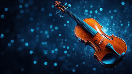 Fototapeta premium Floating violin with music notes on blue abstract background