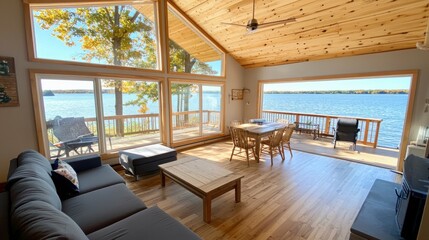 Fototapeta premium A cozy living room with large windows overlooking a serene lake, featuring wooden accents and a warm atmosphere.