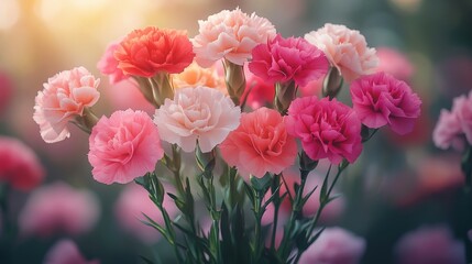 Obraz premium Beautiful arrangement of vibrant pink and red carnations in a blooming garden, capturing the essence of nature's splendor and floral elegance during golden hour light