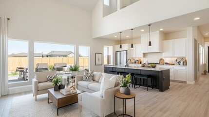 Fototapeta premium A bright, modern living space featuring an open layout, stylish furniture, and large windows that enhance natural light.