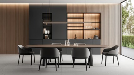 A modern dining area featuring a sleek table, stylish chairs, and elegant cabinetry, highlighted by natural light and warm wood accents.