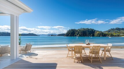 Obraz premium A serene seaside view featuring a wooden deck, dining area, and clear blue waters under a bright sky.
