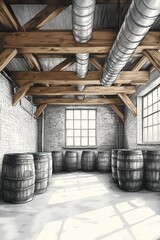 Wooden barrels in a rustic, high-ceilinged warehouse.