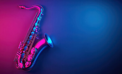Naklejka premium A vibrant saxophone illuminated by pink and blue lighting against a dark background.