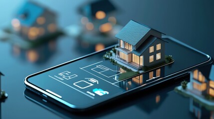 A smartphone displays a miniature house, symbolizing real estate and technology integration in modern home management.