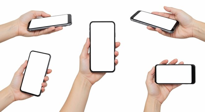 Set of woman's hands using smartphone with blank screen, isolated on white background, panorama

