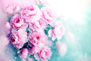 Fototapeta premium A bouquet of pink flowers is displayed on a blue background. The flowers are arranged in a way that creates a sense of harmony and balance. The blue background adds a calming