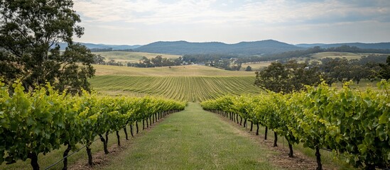 Naklejka premium Serene Vineyard Landscape: Rows of grapevines stretching towards distant hills under a partly cloudy sky