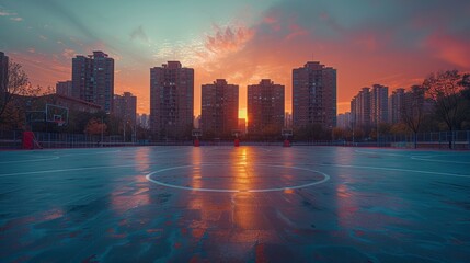 Obraz premium Community Sports Complex Construction. Evening panoramic view featuring sports-oriented style and energetic tones.
