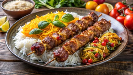 Close up shot of delicious Persian mix kebab served with fluffy rice ,  persian, kebab, rice, food, cuisine, gourmet