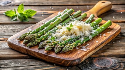 Grilled green asparagus topped with shaved parmesan cheese on a rustic wooden board, asparagus, grilled, green
