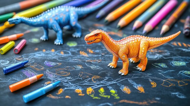Colorful Dinosaur Toys Surrounded by Art Supplies on a Black Chalkboard Background with Creative Drawings and Vibrant Crayons
