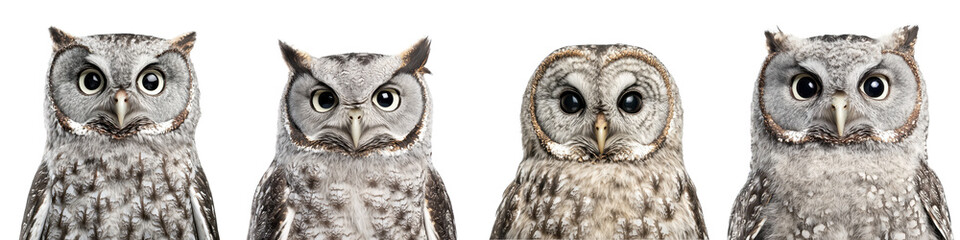 Obraz premium Four majestic owls perched on tree branches in a serene woodland setting their large alert eyes staring intensely at the against a backdrop of darkness