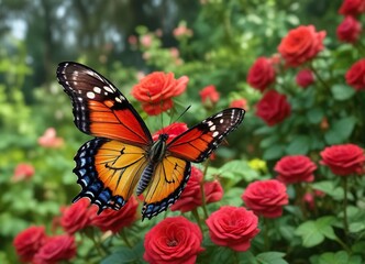 Obraz premium Colorful Butterfly Feeding on Red Roses in a Lush Green Garden, nature, red roses, garden flowers