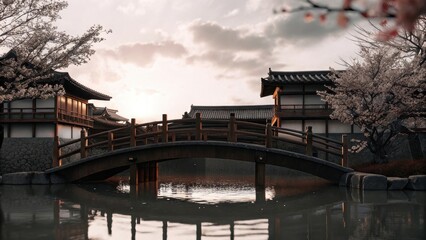 Japan landscape, Serene bridge in a tranquil landscape at sunset