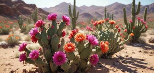 Fototapeta premium Colorful cactus flowers blooming in the desert , vibrant colors, cactus, flowers