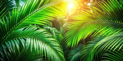 Obraz premium Lush green tropical palm leaves with a natural sunlight background, exotic, vibrant, tropical, foliage, palm fronds, lush