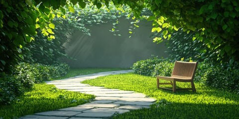 Fototapeta premium Whimsical garden pathway sunlit nature scene playful angles imaginative spaces tranquil environment