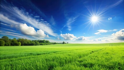 Lush green field under a clear blue sky on a sunny day , green field, blue sky, sunny, nature, outdoors, serene, peaceful