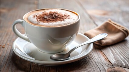 Obraz premium Close-up of a creamy cappuccino with sprinkled cocoa on top, placed on a saucer with a spoon , cappuccino, coffee