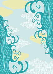 海　波のある和風背景イラスト
