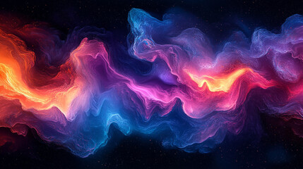 A grainy gradient banner design with a flowing blend of red, purple, and blue glowing colors against a dark backdrop symbolizing chaos and energy, evoking dynamic motion and abstract intensity

