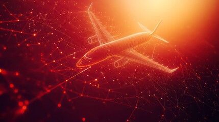 Airplane Network Connection Lines On Red Technology Background, Data Travel Concept. 3D Rendering