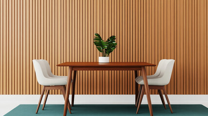 Modern dining room with sleek design and neutral tones