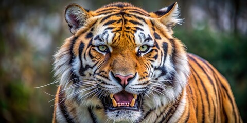 Obraz premium Close-up of a fierce Siberian tiger growling with intense expression, Siberian tiger, growling, fierce, aggressive