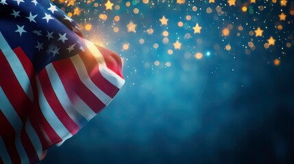 American flag in the wind with festive glowing stars lights background copy space for text