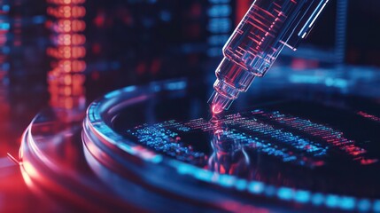 An automated lab machine analyzing genetic samples, with a close-up view of digital health data. Futuristic, realistic photo style.