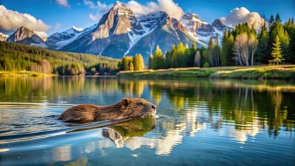 Fototapeta premium Beaver swimming in the picturesque waters of the Tetons National Park, wildlife, nature, animal, mammal, aquatic, habitat, ecosystem