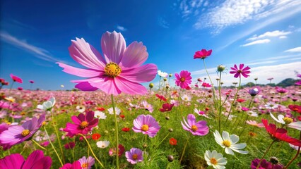 Fototapeta premium Vibrant cosmos flowers covering a spacious field under a clear blue sky, cosmos, flowers, field, vibrant, colorful, nature
