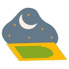 Islamic Night Prayer with Sajadah and Night Sky. Cartoon Style Muslim Night Worship Illustration.