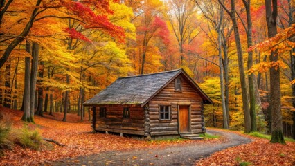 Cozy rustic cabin in the woods surrounded by colorful autumn leaves, rustic, fall, background, cabin, woods, colorful, autumn