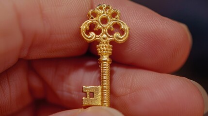 Fototapeta premium Miniature Key: A tiny, finely detailed key, often used for intricate locks or jewelry boxes, offering a whimsical and elegant addition to any collection. 