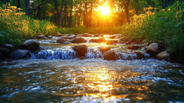 Sunset stream flows, forest backdrop, nature scene