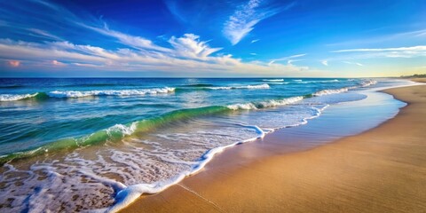 A peaceful beach scene with gentle waves rolling onto the sandy shore under a clear blue sky ,  ocean, summer, relaxation
