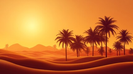 Desert Sunset Palm Trees Silhouetted Against Orange Sky