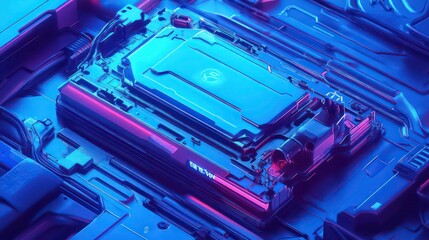 An illustration of an electric car lithium battery pack with power connections, showcasing the core of modern automotive technology in vibrant blue tones