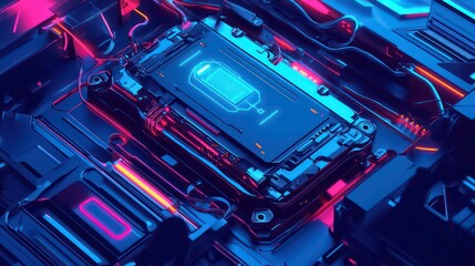 An illustration of an electric car lithium battery pack with power connections, showcasing the core of modern automotive technology in vibrant blue tones