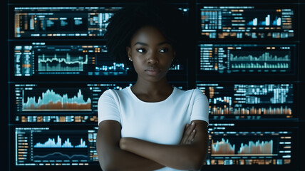 Data Driven Decisions: A determined woman stares confidently at the camera, standing against a wall of data and charts, showcasing her data-driven approach to success.