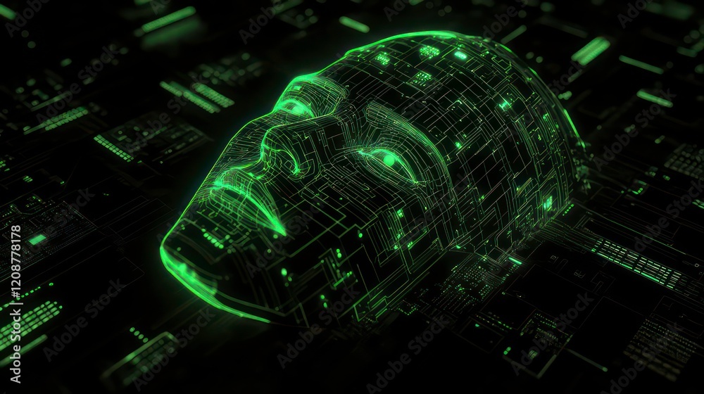Poster artificial intelligence 3d wireframe head glowing with data on circuit board for ai concept