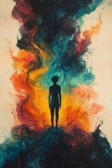Fototapeta premium Silhouette stands amidst vibrant, swirling colors.
