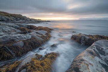 Obraz premium Tranquil Coastal Scene at Dusk with Soft Waves and Textured Rocky Shoreline Surrounded by Lush Seaweed Against a Dramatic Sky
