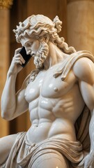 Obraz premium Statue of a Greek hero with a cellphone.