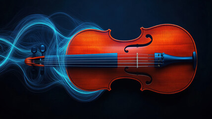 Fototapeta premium Violin with flowing strings and intricate design on dark background