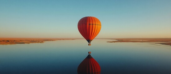 Obraz premium Serene Hot Air Balloon Flight Over a Calm Lake at Sunrise
